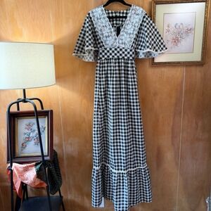 Vintage 70s Sears Fashions Gingham Maxi Dress Lace Flutter Sleeve Sz 12 M/L